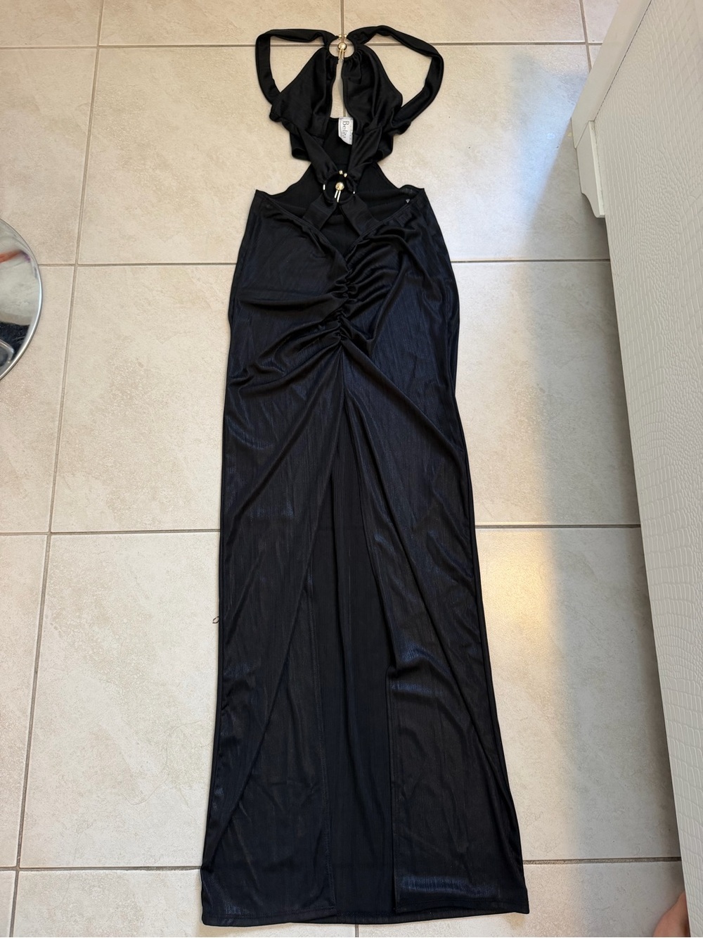 Black Halter Cutout Maxi Dress with Front Ruched Detail